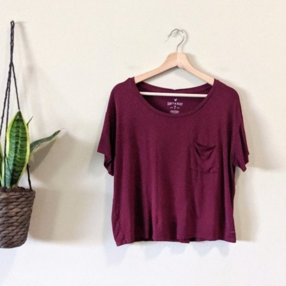 American Eagle Outfitters Tops - American Eagle Soft & Sexy Burgundy Pocket Tee